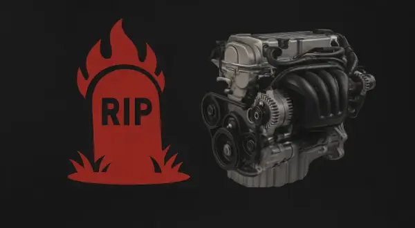 Lápida roja con "RIP" y un motor de coche, quizás el fin del turbo atmosférico.