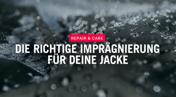 Wassertropfen auf Stoff. Text: "Die richtige Imprägnierung für deine Jacke". So machst du deine Jacke wasserdicht.
