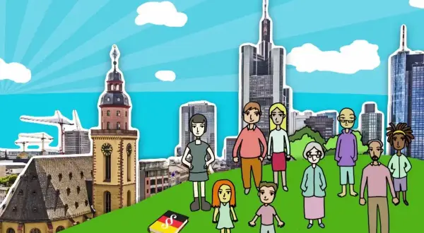 Eine bunte Gruppe von Menschen steht vor einer Skyline, ein Buch mit deutschem Recht liegt daneben. Ein Symbol für das Zusammenleben in Deutschland.