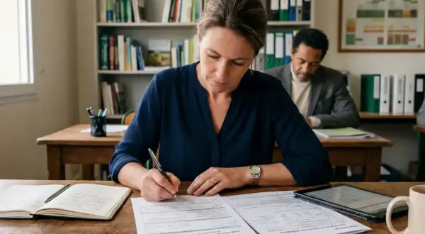 Une femme concentrée rédige un document, peut-être pour un certiphyto conseil, dans une salle de classe avec des étagères remplies de livres.