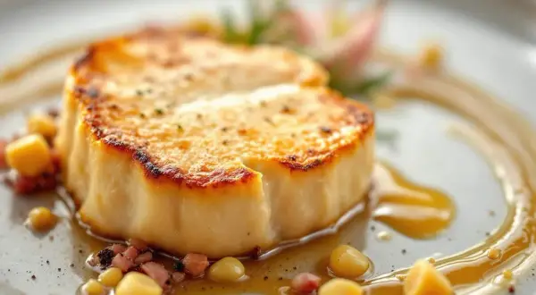 Un délicieux foie gras poêlé, nappé d'une sauce au rhum, servi avec des petits pois et des dés de lard.
