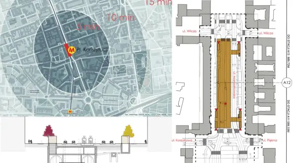 Mapa pokazuje zasięg 5 i 10 minut od stacji metra M1 Pl. Konstytucji. Obok schemat węzła z ulicami Marszałkowską, Wilczą i Koszykową.