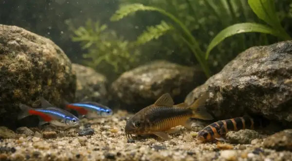 Akwarium z glonojadem, kiryskiem i neonkami na piaszczystym dnie wśród kamieni i roślin.