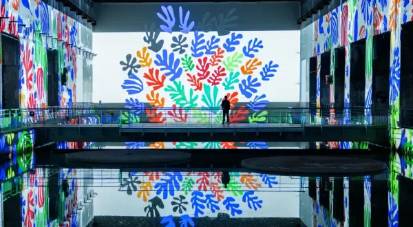 A lone figure stands on a walkway surrounded by vibrant Matisse cut-outs projected onto walls and reflected in the water at the Bassins des Lumières.