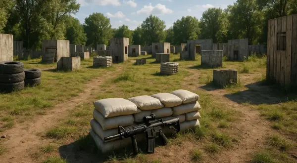 Campo de entrenamiento para airsoft, con barricadas de sacos de arena y estructuras de hormigón. Réplica de rifle de asalto lista para la acción.