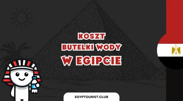 Urocza postać w stroju faraona trzyma butelkę wody, a grafika pyta: "Koszt butelki wody w Egipcie".