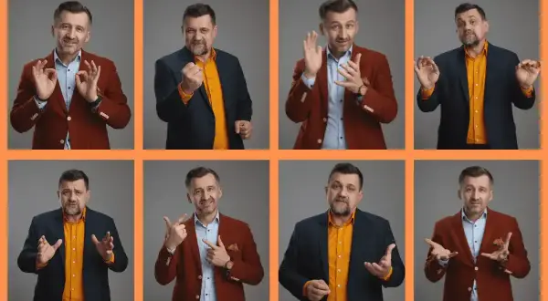 Mężczyzna w garniturze wygłasza krótkie przemówienie z okazji urodzin, gestykulując i wyrażając emocje.