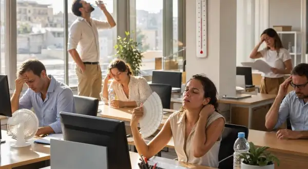 La chaleur accablante dans ce bureau rend la loi sur la température intenable. Les employés peinent, ventilateurs et éventails à la main.