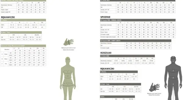 Tabela rozmiarów odzieży męskiej i damskiej. Rozmiar 48 męski to 2XL w kurtkach, 52 w spodniach normalnych i 31 w krótkich.