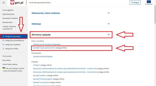 Na stronie gov.pl, w sekcji "Usługi dla obywatela", znajduje się opcja "Kierowcy i pojazdy". Można tam sprawdzić swoje punkty karne online, co jest częścią profilu kierowcy online.