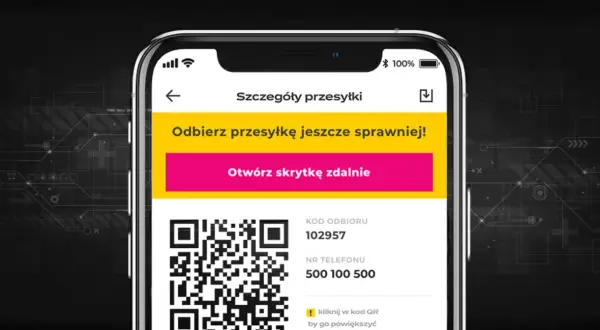 Aplikacja InPost pokazuje kod odbioru 102957 i numer telefonu 500 100 500. Możesz kliknąć w kod QR, by go powiększyć i dowiedzieć się, jak przedłużyć odbiór paczki InPost.