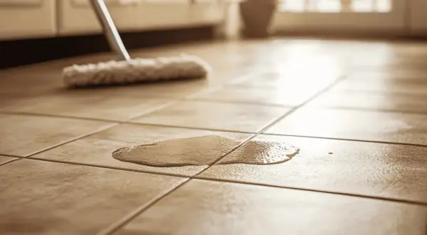 Une flaque d'eau sur un carrelage poreux, un balai à franges est prêt à nettoyer.