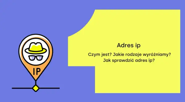 Ikona lokalizacji z napisem "IP" i pytania: "Adres ip. Czym jest? Jakie rodzaje wyróżniamy? Jak sprawdzić adres ip?".
