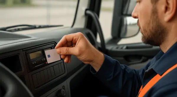 Un chauffeur insère sa carte dans le tachygraphe pour le contrôle carte conducteur 28 jours.