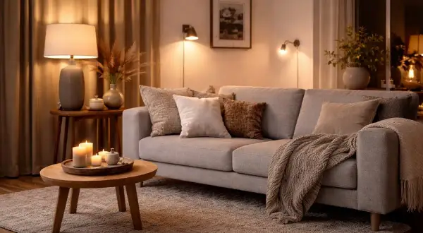 Mysig soffa med kuddar och pläd. En golvlampa bakom soffan ger ett varmt sken. Ljus och dekorationer på soffbordet.