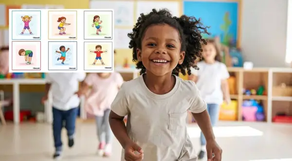 Fröhliche Kinder in einem Klassenzimmer, umgeben von Illustrationen für **Bewegungsspiele Grundschule**.