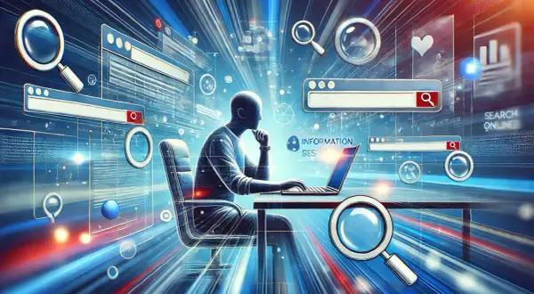 Człowiek przy laptopie, otoczony ikonami wyszukiwania i okienkami przeglądarek, symbolizuje różne rodzaje wyszukiwarek i proces poszukiwania informacji online.