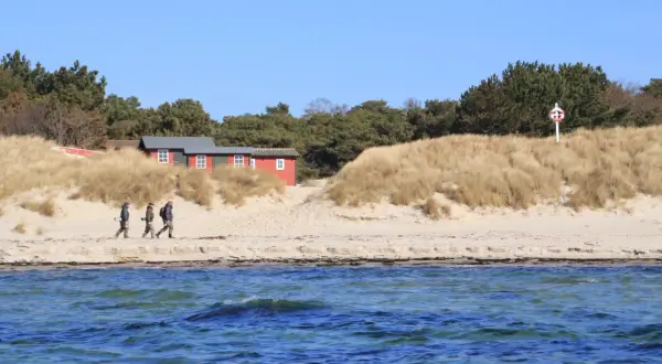 Drei Angler spazieren am Strand von Bornholm entlang, vorbei an roten Häusern und Dünen.