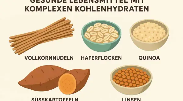 Gesunde Lebensmittel mit komplexen Kohlenhydraten: Vollkornnudeln, Haferflocken, Quinoa, Süßkartoffeln und Linsen. Sie liefern langanhaltende Energie.