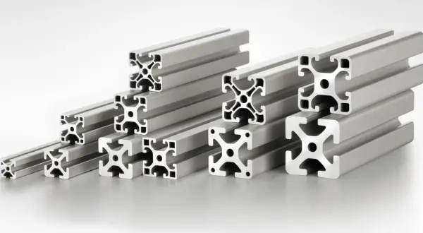 Una serie di profili in alluminio con sezione a croce, ideali per creare strutture portanti resistenti e versatili.