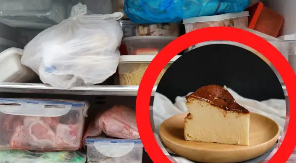 Kawałek pysznego sernika na talerzyku, a obok zamrożone mięso i inne produkty. Czy można zamrozic sernik? Tak, można!