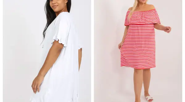 Dwie kobiety w sukienkach plus size: jedna w białej z falbankami, druga w czerwono-białe paski.