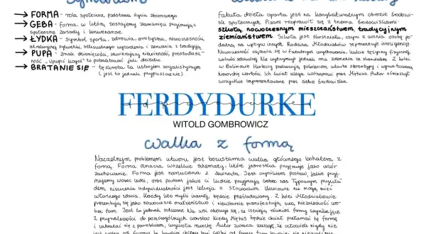 Symbolizm, walka z mitami kultury, walka z formą – kluczowe motywy Ferdydurke. Gombrowicz ośmiesza środowiska, wyśmiewa stereotypy.