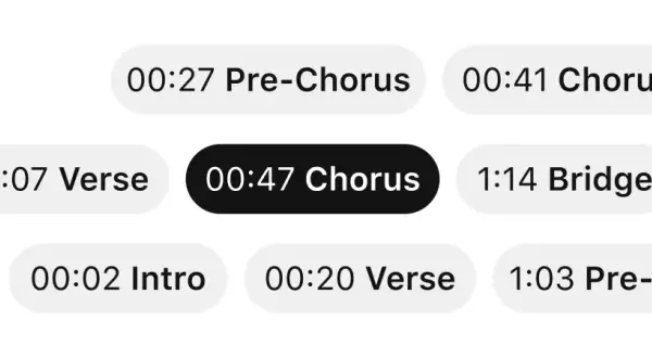Koko koko koko! Widok przedstawia fragment interfejsu z podziałem na sekcje utworu: Intro, Verse, Pre-Chorus, Chorus i Bridge, z zaznaczonym 00:47 Chorus.