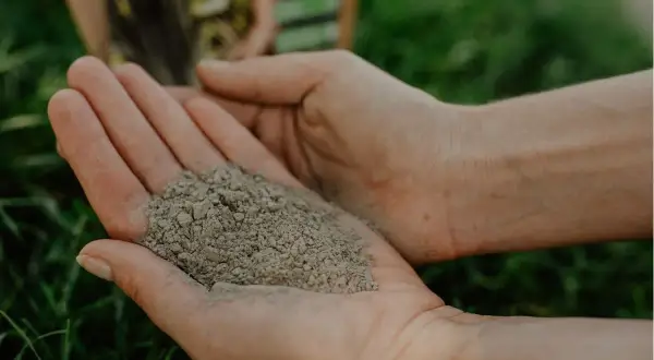 Dłonie trzymają mączkę bazaltową, która jest idealna do stosowania jako naturalny nawóz i polepszacz gleby.