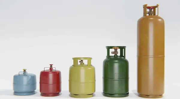 Cinq bonbonnes de gaz de tailles et couleurs variées, du bleu au brun, pour le butane ou le propane.