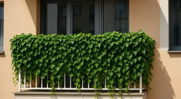 Gęsty bluszcz tworzy zieloną kaskadę na balkonie, zasłaniając balustradę i okna.