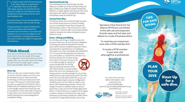 A swimmer in a red suit performs a dive, splashing water. Tips for safe diving are provided.
