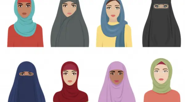 Illustration av åtta kvinnor med olika typer av muslimsk huvudbonad, från hijab till niqab.
