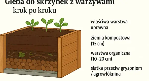Warstwowa gleba do skrzyń z warzywami: siatka, warstwa organiczna, ziemia kompostowa i warstwa uprawna. Idealne czym wypełnić skrzynie na warzywa.