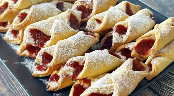 Pyszne, domowe babcine ciastka na drożdżach z dżemem, posypane cukrem pudrem. Idealne na deser.