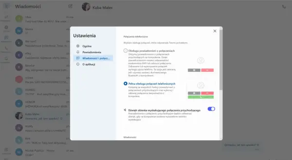 Ustawienia połączeń w Intel Unison: wybierz powiadomienia lub pełną obsługę połączeń telefonicznych.