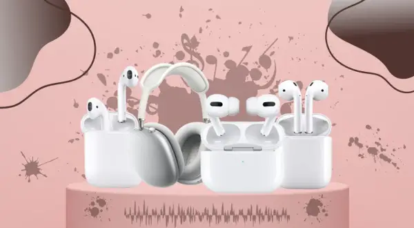 Różne modele słuchawek, w tym AirPods Pro i AirPods Max, na różowym tle. Czy airpodsy są wodoodporne? Sprawdź!