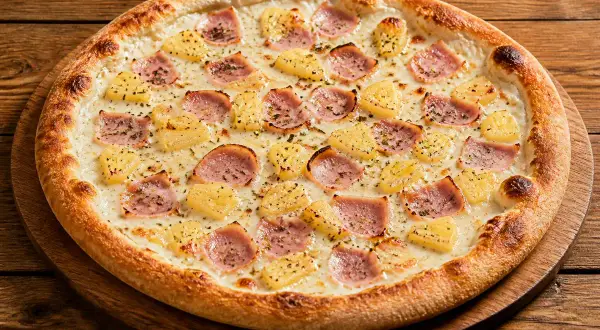 Une délicieuse pizza hawaïenne, garnie de jambon et d'ananas, sur un fond de bois rustique.
