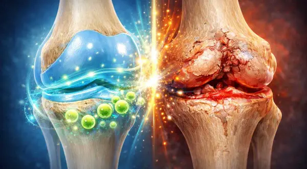 Gesundes Kniegelenk trifft auf stark geschädigtes. Visualisierung von Chondropathie Grad 4 Therapie mit heilenden Elementen.