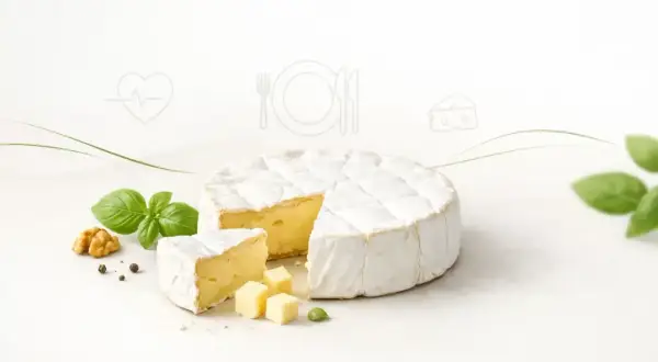 Czy camembert jest zdrowy? Krąg sera z białym nalotem, kawałek z bazylią i orzechami. W tle symbole zdrowia i jedzenia.