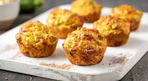Sei muffin di zucchine dorati e invitanti, pronti per essere gustati.