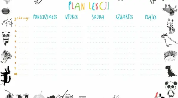 Ilustracja planu lekcji z zabawnymi zwierzętami i ikonami.
