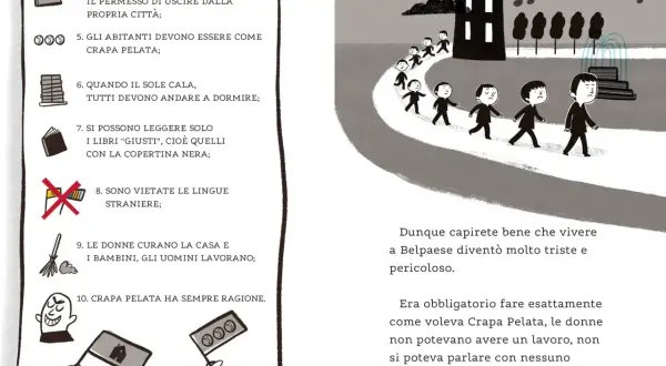 Bambini tristi camminano verso un castello, mentre le regole di Crapa Pelata impongono obbedienza.