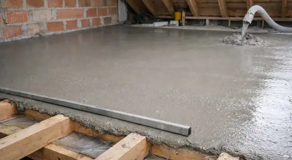 Wylewka na stropie drewnianym w trakcie prac. Beton wylewany jest z węża, tworząc gładką powierzchnię.