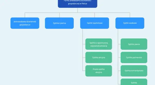 Schemat przedstawia rodzaje spółek w Polsce: jednoosobową działalność, spółkę cywilną, spółki kapitałowe (z o.o., akcyjną, prostą spółkę akcyjną) i spółki osobowe (jawną, partnerską, komandytową, komandytowo-akcyjną).