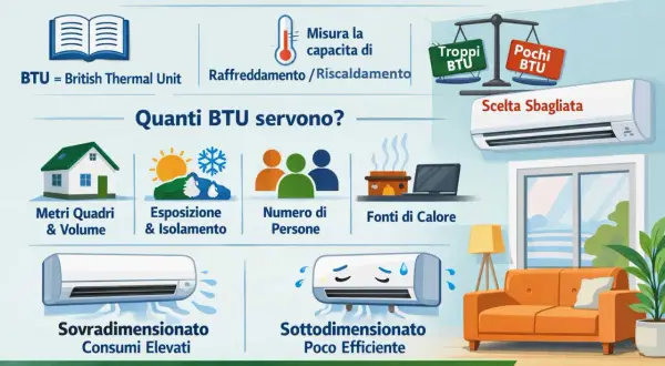 I BTU misurano la capacità di raffreddamento/riscaldamento di un condizionatore. Scegliere i BTU giusti è fondamentale per l'efficienza.