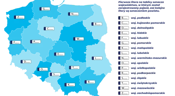 Mapa Polski z literami oznaczającymi województwa i powiaty, klucz do lz rejestracja.