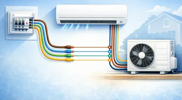 Unidad interior y exterior de un aire acondicionado inverter conectadas a un cuadro eléctrico.