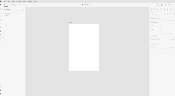 Interfejs programu Adobe XD z pustym obszarem roboczym "Home" i panelami po prawej stronie, gotowy do projektowania.