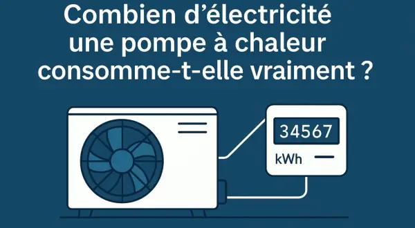 Une pompe à chaleur électrique et un compteur affichant 34567 kWh. L'image interroge sur la consommation réelle de cet appareil.